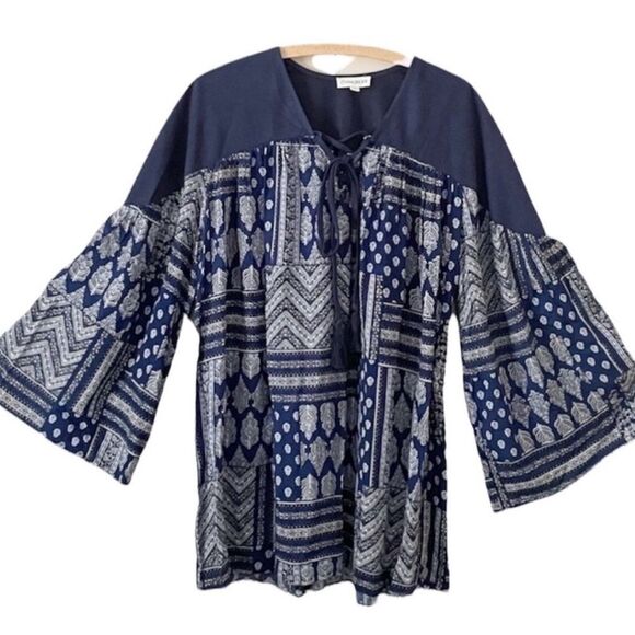 NEW Cotton Bleu Boho Lace Up Cotton Top - Picture 1 of 9